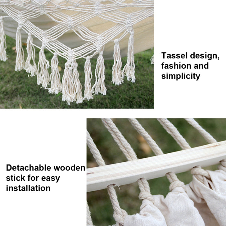 200 x 150 cm Doppelte Outdoor-Camping-Hängematte mit Quasten aus Segeltuch und Spreizstab, Bunte Streifen, Rosa Streifen, Weiß