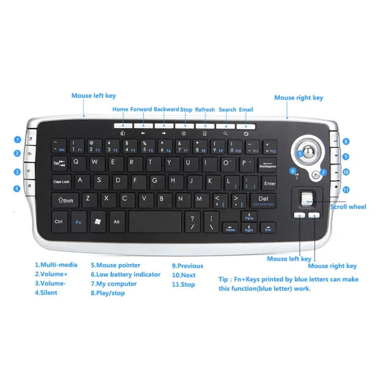 MY-10 2,4 GHz 78 Tasten 1200 DPI Mini-Funk-Trackball-Tastatur und kabelloses Maus-Set