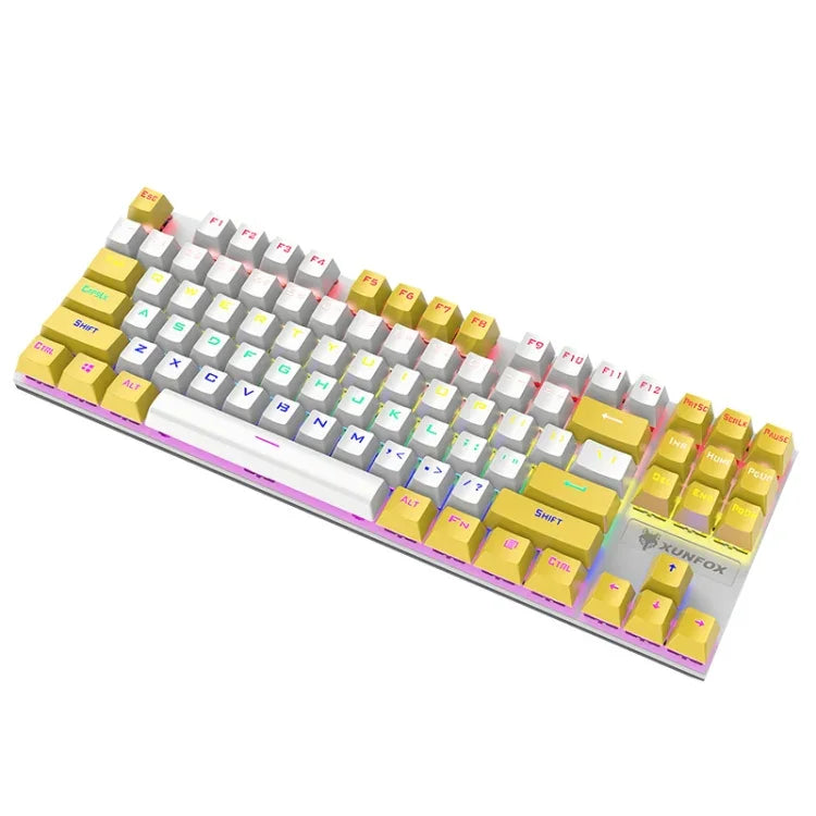 XUNFOX K80 87 Tasten Kabelgebundene Mechanische Gaming-Tastatur mit Beleuchtung, Kabellänge: 1,5m, Weiß Gelb, Schwarz Grau, Rosa Weiß, Blau Weiß, Weiß Blau, Gelb Weiß, Grau Schwarz