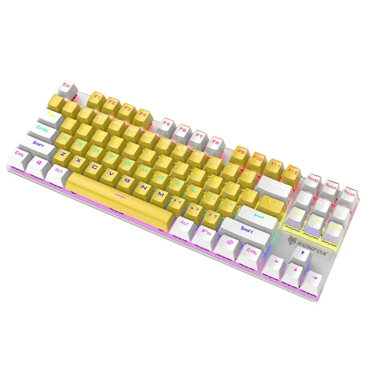 XUNFOX K80 87 Tasten Kabelgebundene Mechanische Gaming-Tastatur mit Beleuchtung, Kabellänge: 1,5m, Weiß Gelb, Schwarz Grau, Rosa Weiß, Blau Weiß, Weiß Blau, Gelb Weiß, Grau Schwarz