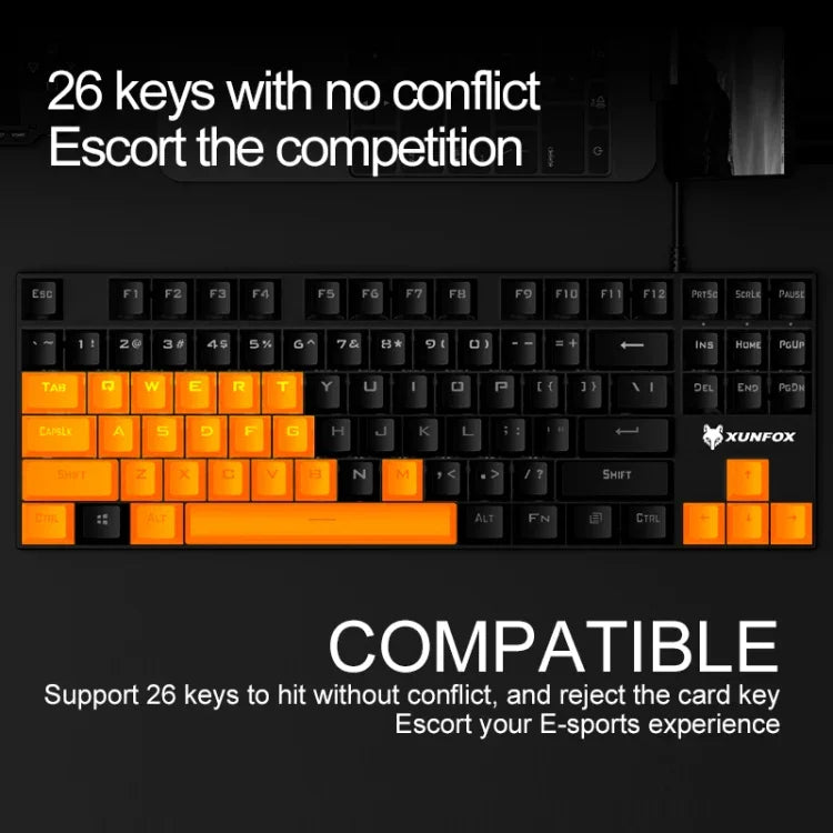 XUNFOX K80 87 Tasten Kabelgebundene Mechanische Gaming-Tastatur mit Beleuchtung, Kabellänge: 1,5m, Weiß Gelb, Schwarz Grau, Rosa Weiß, Blau Weiß, Weiß Blau, Gelb Weiß, Grau Schwarz