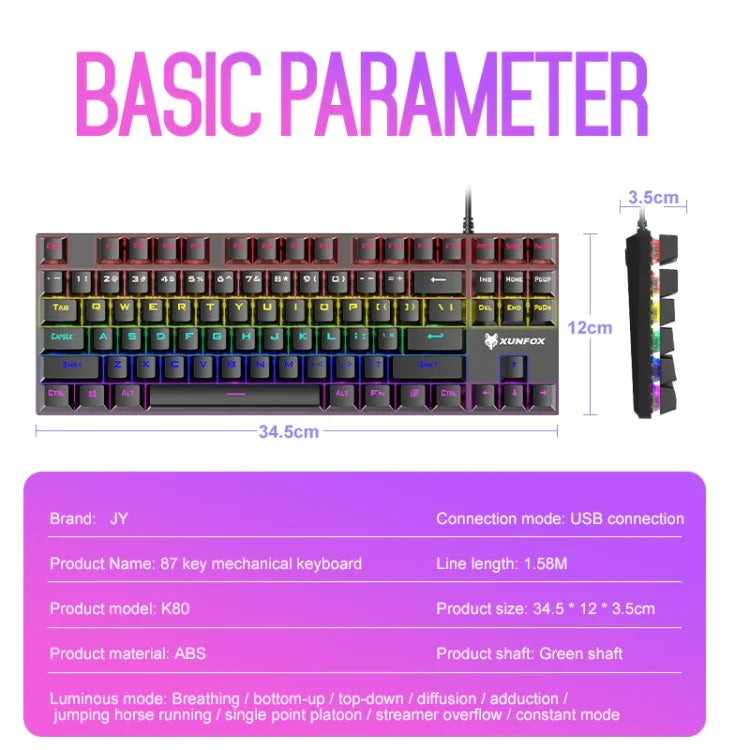 XUNFOX K80 87 Tasten Kabelgebundene Mechanische Gaming-Tastatur mit Beleuchtung, Kabellänge: 1,5m, Weiß Gelb, Schwarz Grau, Rosa Weiß, Blau Weiß, Weiß Blau, Gelb Weiß, Grau Schwarz