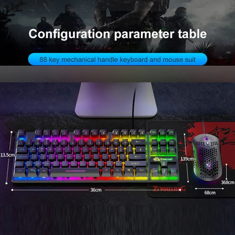 ZIYOU LANG T2 88 Tasten Gaming Mechanisches Leucht-Tastatur- und Maus-Set, Kabellänge: 1,6m, T2 Schwarz, T2 Weiß