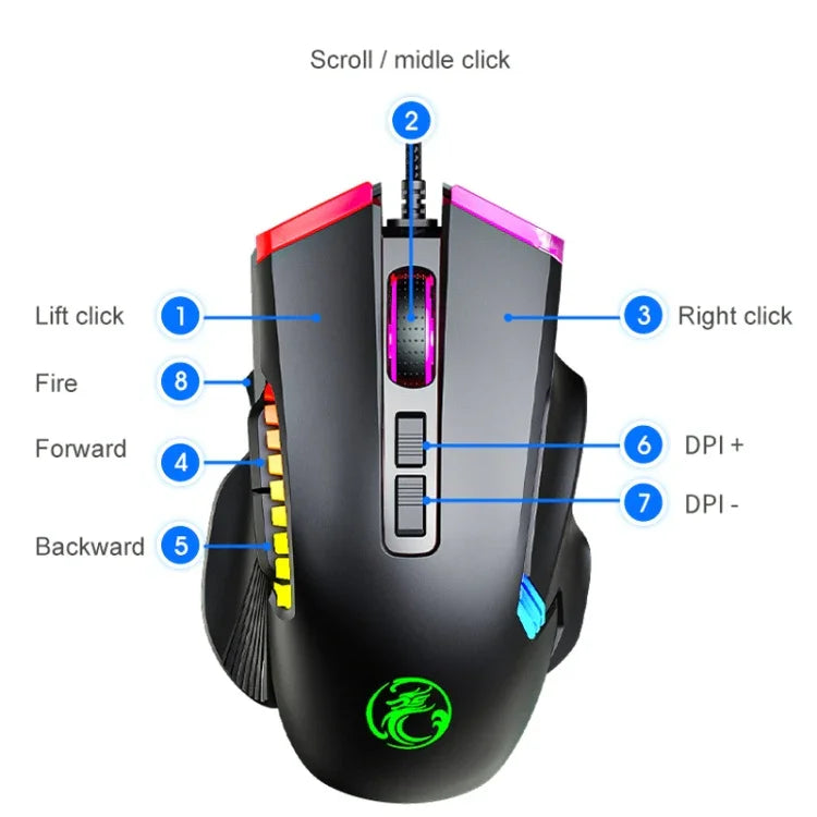 IMICE T70 8-Tasten 7200DPI RGB Beleuchtung Programmierbare kabelgebundene Gaming-Maus, Kabellänge: 1,8m, T70
