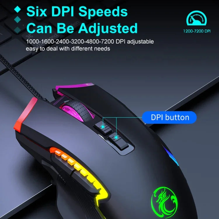 IMICE T70 8-Tasten 7200DPI RGB Beleuchtung Programmierbare kabelgebundene Gaming-Maus, Kabellänge: 1,8m, T70