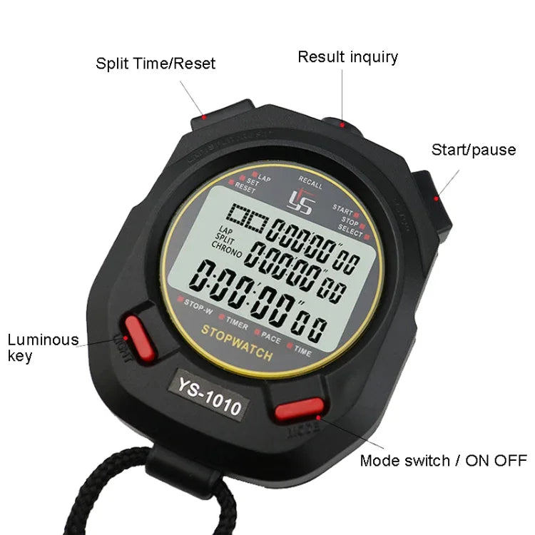 YS 3 Zeilen Anzeige Leuchtende Stoppuhr Timer Training Schiedsrichterstoppuhr, Stil: YS-1010 10 Speicherplätze, YS-1030 30 Speicherplätze, YS-1060 60 Speicherplätze, YS-1100 100 Speicherplätze