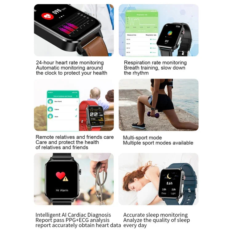 LOANIY E86 1,7-Zoll-Smartwatch mit Herzfrequenzmessung und Bluetooth, Blau, Schwarz, Rot, Schwarzes Leder, Braunes Leder, Schwarzer Stahl