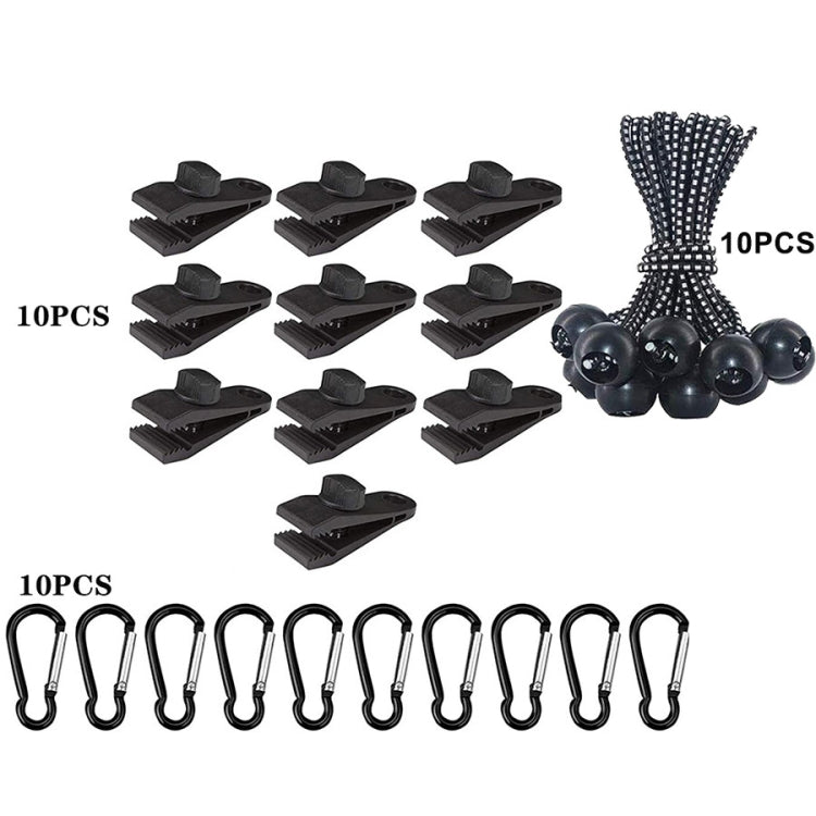 Outdoor Camping winddichte Überdachung feste Zeltklammer Seil Schnalle Schnellaufhängeset, 10 Clips+10 Seile, 10 Clips+10 schwarze Seile, 10 Clips+10 schwarze Seile+10 silberne Schnallen, 10 Clips+10 elastische Seile+10 schwarze Schnallen