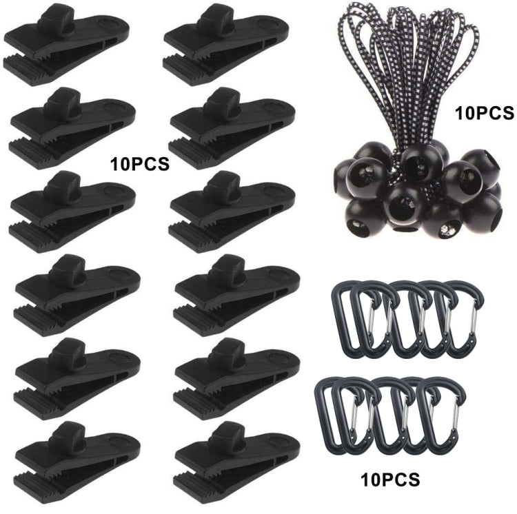 Outdoor Camping winddichte Überdachung feste Zeltklammer Seil Schnalle Schnellaufhängeset, 10 Clips+10 Seile, 10 Clips+10 schwarze Seile, 10 Clips+10 schwarze Seile+10 silberne Schnallen, 10 Clips+10 elastische Seile+10 schwarze Schnallen
