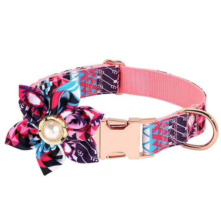 Hundehalsband mit Blumenmuster, verstellbar, Metallschnalle, gravierbar, Größen: XS 1,5 x 30 cm, S 1,5 x 40 cm, M 2,0 x 50 cm, L 2,5 x 60 cm
