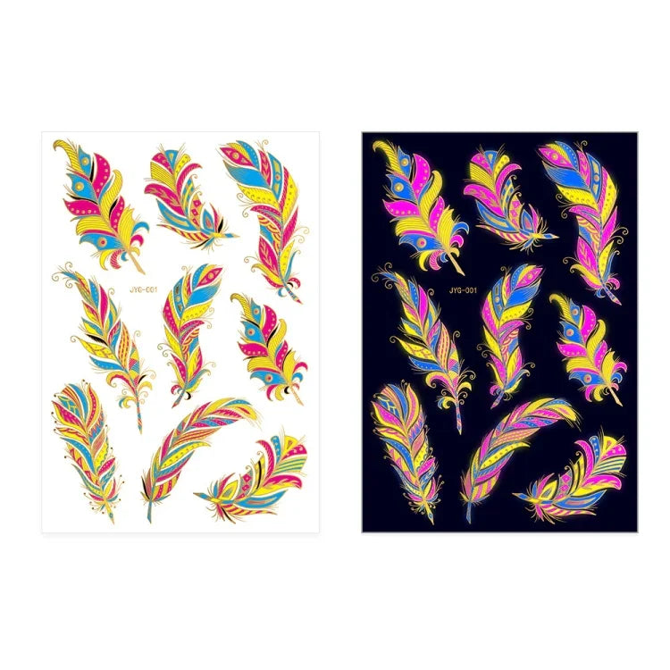 2 Stück fluoreszierende, wasserfeste Tattoo-Aufkleber mit Bronzing-Effekt, JYG-001, JYG-002, JYG-003, JYG-004, JYG-005, JYG-006, JYG-007, JYG-008