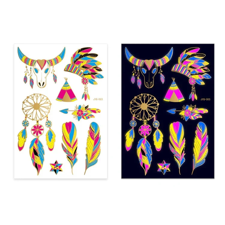 2 Stück fluoreszierende, wasserfeste Tattoo-Aufkleber mit Bronzing-Effekt, JYG-001, JYG-002, JYG-003, JYG-004, JYG-005, JYG-006, JYG-007, JYG-008