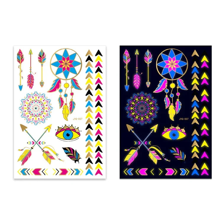 2 Stück fluoreszierende, wasserfeste Tattoo-Aufkleber mit Bronzing-Effekt, JYG-001, JYG-002, JYG-003, JYG-004, JYG-005, JYG-006, JYG-007, JYG-008