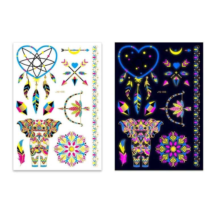 2 Stück fluoreszierende, wasserfeste Tattoo-Aufkleber mit Bronzing-Effekt, JYG-001, JYG-002, JYG-003, JYG-004, JYG-005, JYG-006, JYG-007, JYG-008