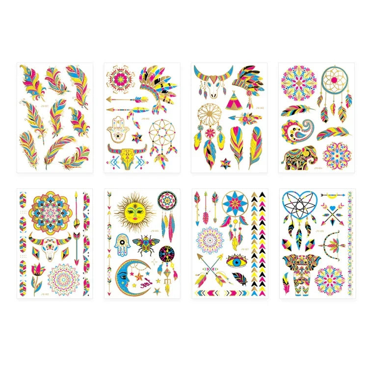 2 Stück fluoreszierende, wasserfeste Tattoo-Aufkleber mit Bronzing-Effekt, JYG-001, JYG-002, JYG-003, JYG-004, JYG-005, JYG-006, JYG-007, JYG-008