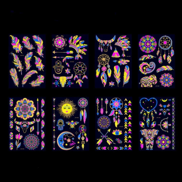 2 Stück fluoreszierende, wasserfeste Tattoo-Aufkleber mit Bronzing-Effekt, JYG-001, JYG-002, JYG-003, JYG-004, JYG-005, JYG-006, JYG-007, JYG-008