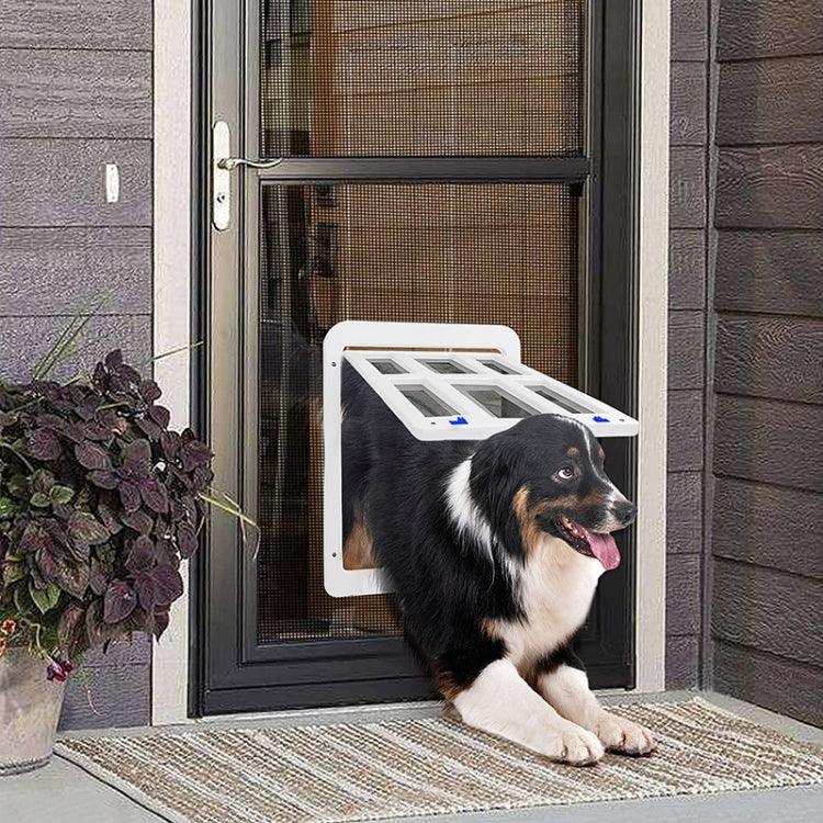 Haustierklappe mit Karomuster für Fliegengitterfenster und Türöffnung mit automatischem Schließmechanismus und Schloss, 34 cm x 44 cm, Weiß