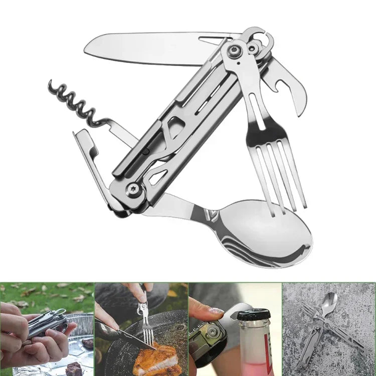 6-in-1-Klappbesteck (Gabel/Messer/Löffel/Flaschenöffner) für Camping und Survival