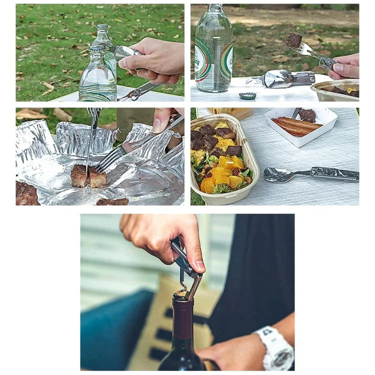 6-in-1-Klappbesteck (Gabel/Messer/Löffel/Flaschenöffner) für Camping und Survival