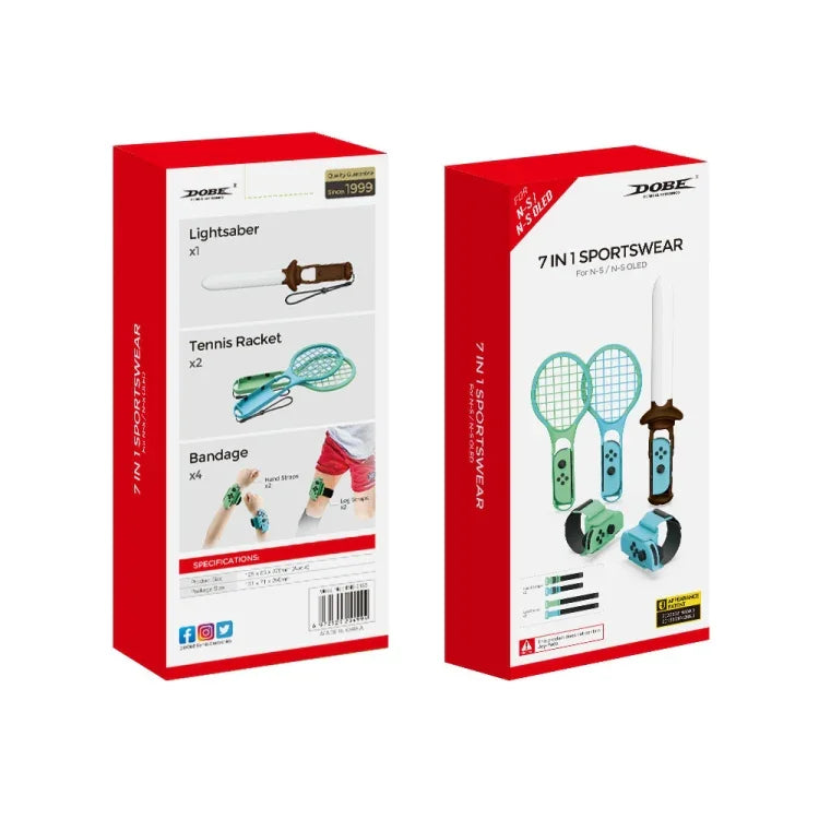 DOBE TNS-2123 Sport-Lichtschwert + Beinschlaufe + Tennisschläger + Handgelenkschlaufe 7-in-1-Sportset für Nintendo Switch, DOBE 7-in-1