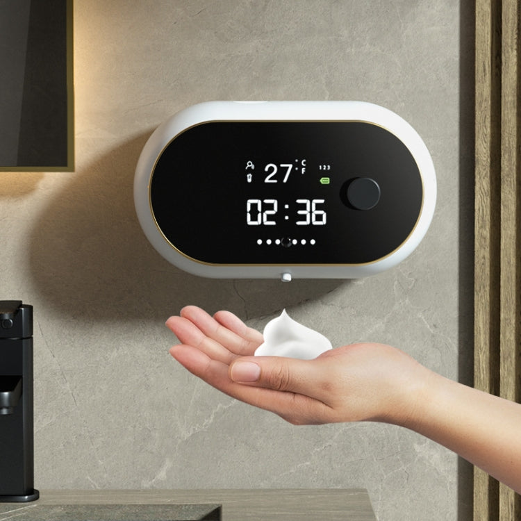 W2 Wandmontierter USB-Ladestation Automatischer Schaumseifenspender mit Zeit- und Temperaturanzeige, Weiß, Schwarz