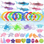 Diving Swimming Pool Toys Children Summer Water Toys, 4PCS Torpedo, 3PCS Octopus, 4PCS Hard Ring, 4PCS Soft Ring, 3PCS Small Seaweed, 3PCS Big Seaweed, 8PCS Small Stones (large), 8PCS Big Stones (small), 4PCS Sea Horses, 4PCS Sharks, 3PCS Fish Bones   ...