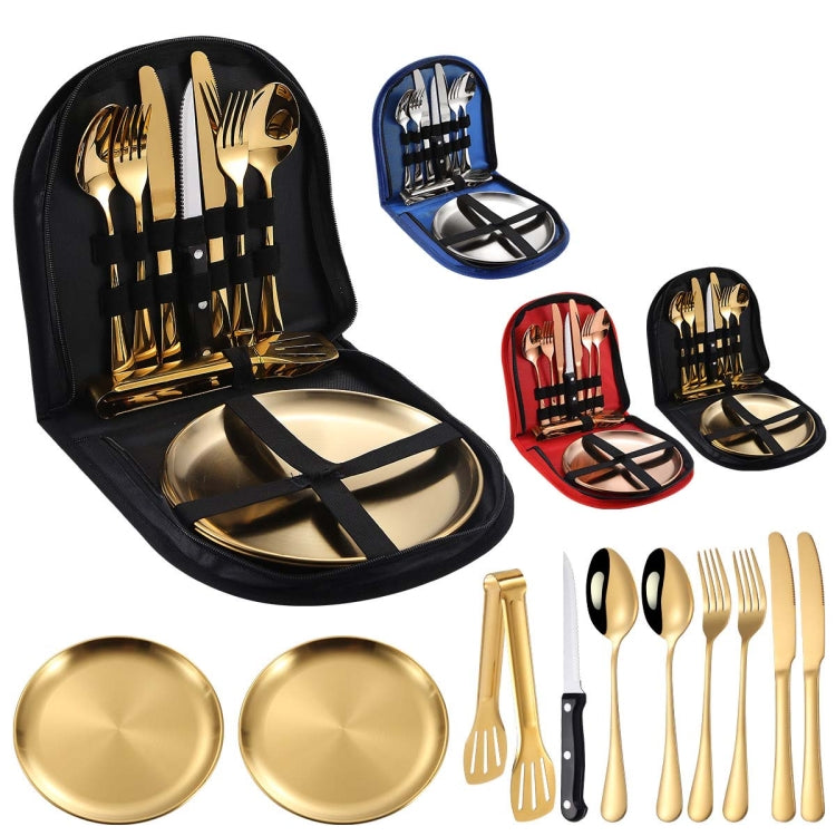 Tragbares Besteckset aus Edelstahl, Steakmesser, Gabel- und Löffelset, Farbe: Schwarz und Silber, Schwarz Gold, Schwarz Roségold, Blau Silber, Blau Gold, Blau Roségold, Rot Silber, Rot Gold, Rot Roségold