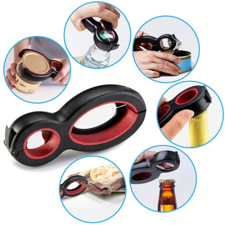 6-in-1 einfacher Dosenöffner, multifunktionaler Flaschenöffner aus Kunststoff, 6-in-1 Schwarz Rot