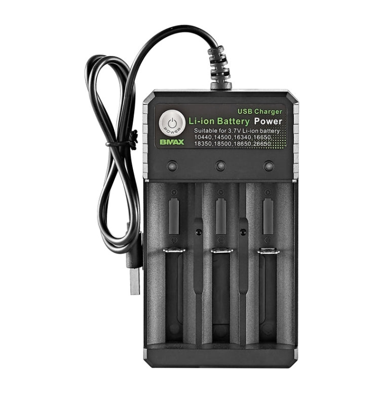 BMAX 18650 3-fach USB-Ladestation 3,7/4,2V Unabhängiges Lithium-Akku-Ladegerät, 3-fach USB (Schwarz)