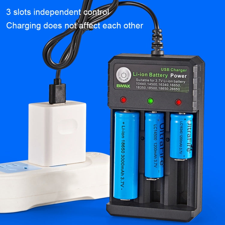 BMAX 18650 3-fach USB-Ladestation 3,7/4,2V Unabhängiges Lithium-Akku-Ladegerät, 3-fach USB (Schwarz)