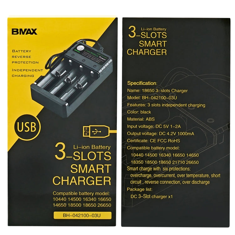 BMAX 18650 3-fach USB-Ladestation 3,7/4,2V Unabhängiges Lithium-Akku-Ladegerät, 3-fach USB (Schwarz)