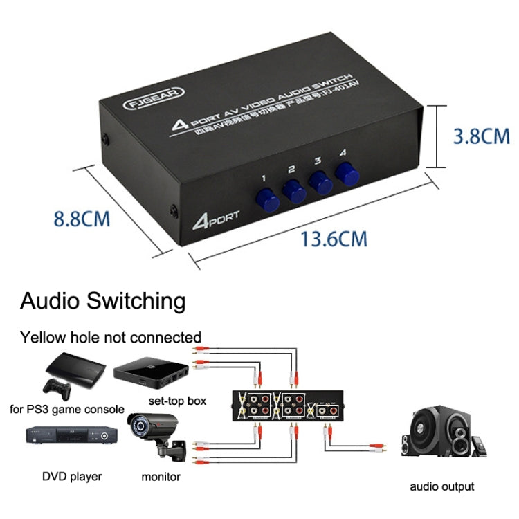 FJGEAR FJ-401AV Lotus-Kopf Schnittstelle 4-Wege AV Audio- und Videoschalter, FJ-401AV