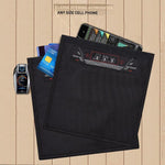 RFID privacy protection bag displayed with various items like a phone and credit cards, showcasing large opening for easy access.