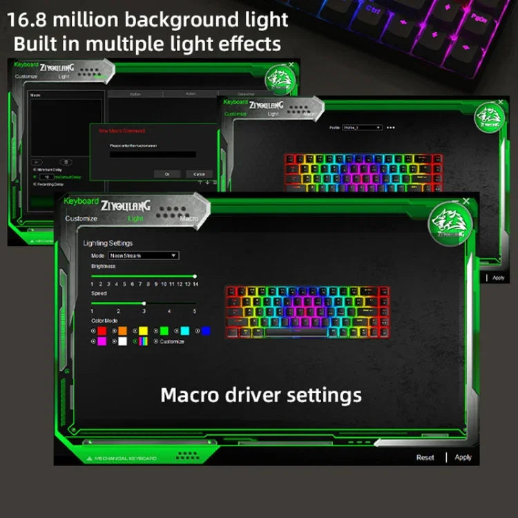 ZIYOU LANG T8 68 Tasten RGB Gaming Mechanische Tastatur, Kabellänge: 1,5m, Stil:, T8 Micro Light Version Grüner Schaft