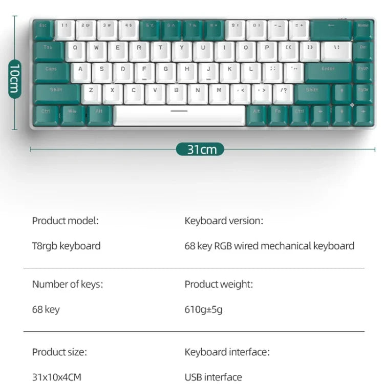 ZIYOU LANG T8 68 Tasten RGB Gaming Mechanische Tastatur, Kabellänge: 1,5m, Stil:, T8 Micro Light Version Grüner Schaft