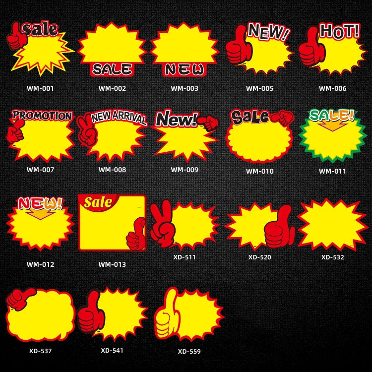 10 Taschen 25x19cm Explosions-Aufkleber Produkt-Preisschild Supermarkt-Preisetikett, WM-001, WM-002, WM-003, WM-005, WM-006, WM-007, WM-008, WM-009, WM-010, WM-011, WM-012, WM-013, XD-511, XD-520, XD-532, XD-537, XD-541, XD-559