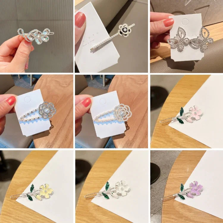 Strass-Haarspangen für Damen, Ponyfrisuren, verschiedene Designs: 293 Bergkamelienblume, 371 Fächer, 380 Perle