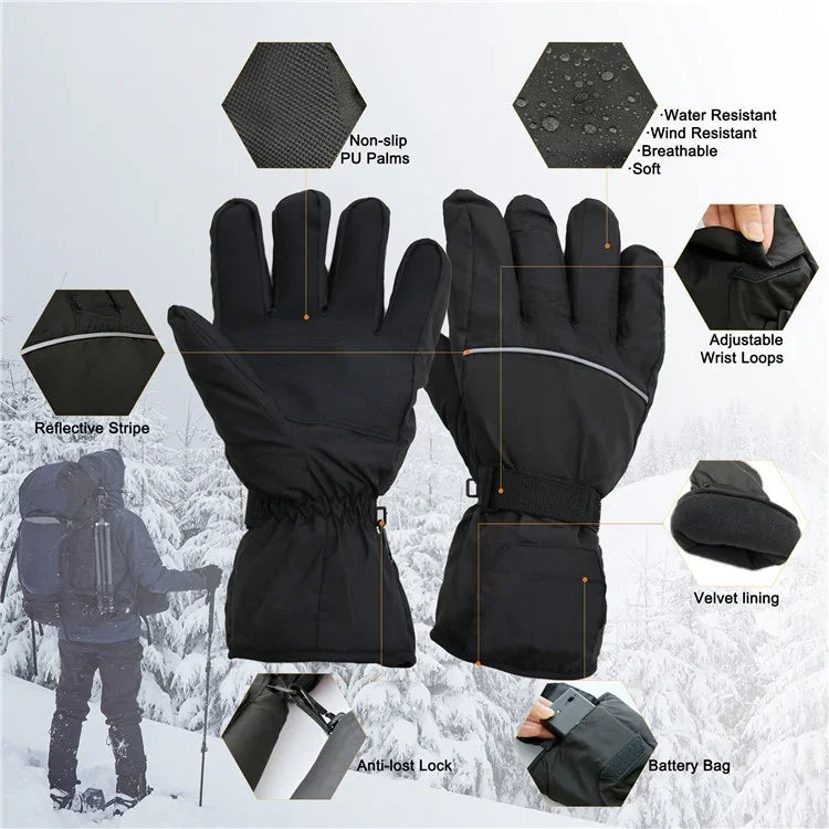 Outdoor Sports Ski Beheizbare Warme Berührbare Handschuhe, Schwarz, Schwarz+USB-Kabel