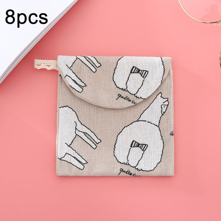 8 Stück Damenbinden-Aufbewahrungstasche aus Baumwolle und Leinen, praktische Clutch, Schwarz-weißer Baum, Graues Kamel, Glückskatze, Blätter, Blaue Katze, Schildkröte