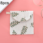 8 Stück Damenbinden-Aufbewahrungstasche aus Baumwolle und Leinen, praktische Clutch, Schwarz-weißer Baum, Graues Kamel, Glückskatze, Blätter, Blaue Katze, Schildkröte
