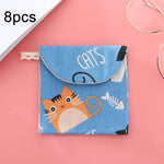 8 Stück Damenbinden-Aufbewahrungstasche aus Baumwolle und Leinen, praktische Clutch, Schwarz-weißer Baum, Graues Kamel, Glückskatze, Blätter, Blaue Katze, Schildkröte