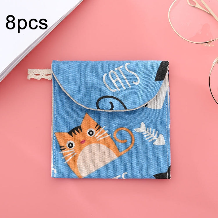 8 Stück Damenbinden-Aufbewahrungstasche aus Baumwolle und Leinen, praktische Clutch, Schwarz-weißer Baum, Graues Kamel, Glückskatze, Blätter, Blaue Katze, Schildkröte