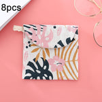 8 Stück Damenbinden-Aufbewahrungstasche aus Baumwolle und Leinen, praktische Clutch, Schwarz-weißer Baum, Graues Kamel, Glückskatze, Blätter, Blaue Katze, Schildkröte