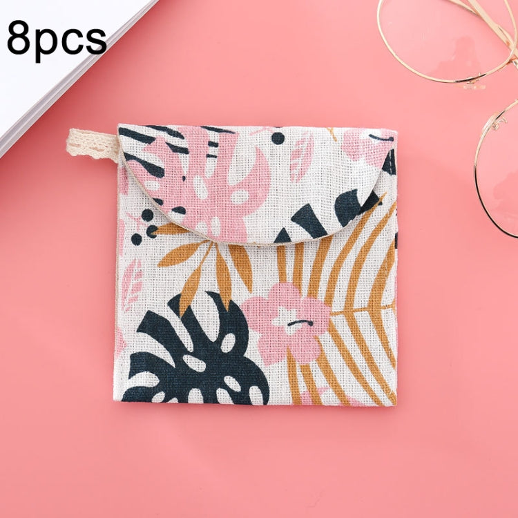 8 Stück Damenbinden-Aufbewahrungstasche aus Baumwolle und Leinen, praktische Clutch, Schwarz-weißer Baum, Graues Kamel, Glückskatze, Blätter, Blaue Katze, Schildkröte