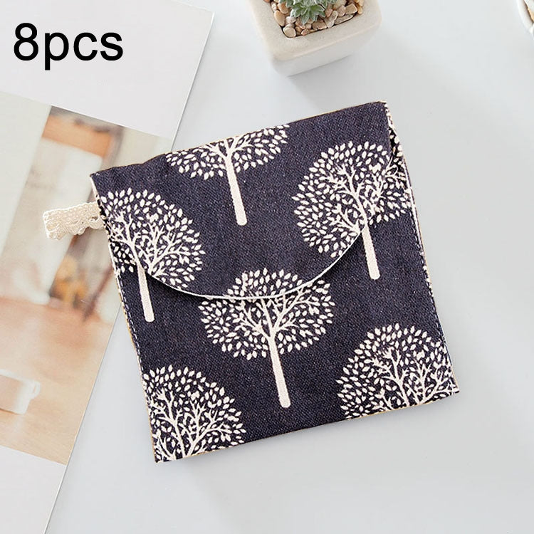 8 Stück Damenbinden-Aufbewahrungstasche aus Baumwolle und Leinen, praktische Clutch, Schwarz-weißer Baum, Graues Kamel, Glückskatze, Blätter, Blaue Katze, Schildkröte