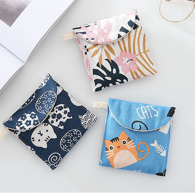 8 Stück Damenbinden-Aufbewahrungstasche aus Baumwolle und Leinen, praktische Clutch, Schwarz-weißer Baum, Graues Kamel, Glückskatze, Blätter, Blaue Katze, Schildkröte