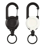 Rucksackkarabiner, Kunststoff, ausziehbarer Ausweisjo-Jo, Schwarz-Stahldrahtseil, Schwarz-Faserseil, Weiß-Faserseil