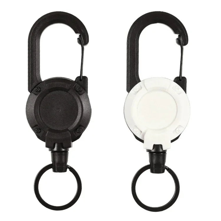 Rucksackkarabiner, Kunststoff, ausziehbarer Ausweisjo-Jo, Schwarz-Stahldrahtseil, Schwarz-Faserseil, Weiß-Faserseil