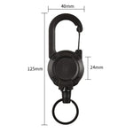 Rucksackkarabiner, Kunststoff, ausziehbarer Ausweisjo-Jo, Schwarz-Stahldrahtseil, Schwarz-Faserseil, Weiß-Faserseil