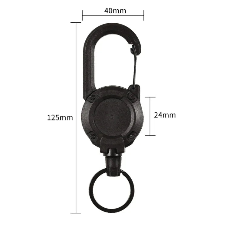 Rucksackkarabiner, Kunststoff, ausziehbarer Ausweisjo-Jo, Schwarz-Stahldrahtseil, Schwarz-Faserseil, Weiß-Faserseil